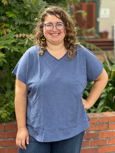 Kleen Short Sleeve Rolled Hem V-Neck-Dark Blue