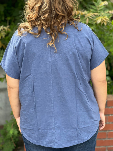 Kleen Short Sleeve Rolled Hem V-Neck-Dark Blue