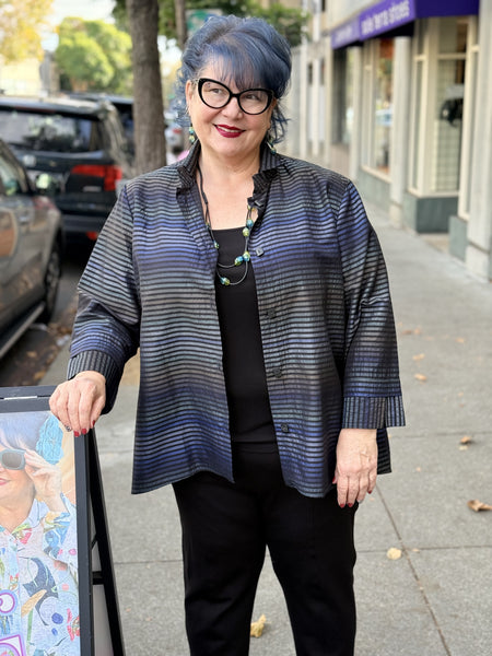 Niche Lily Blouse- Blue Shimmer Stripe