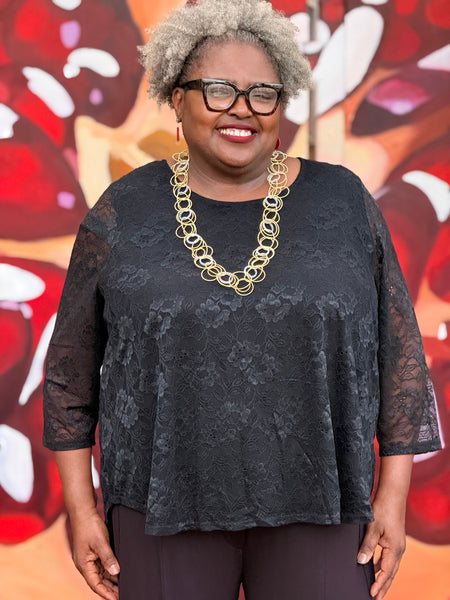 Blue Sky 3/4 Sleeve Ellen Top-Black Lace