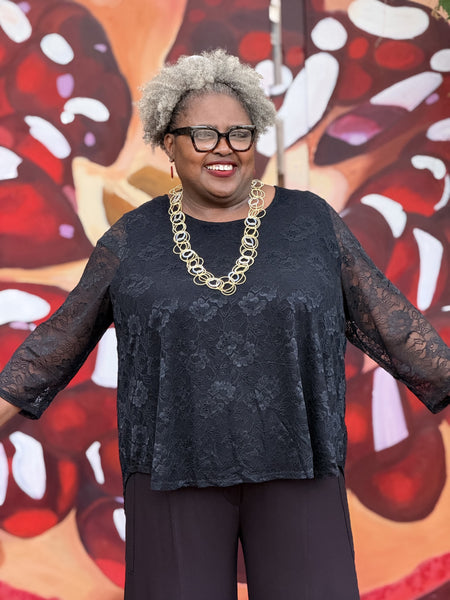 Blue Sky 3/4 Sleeve Ellen Top-Black Lace