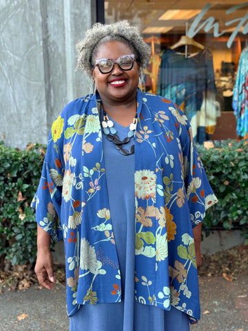 Citron Open Front Kimono-Garden in Blue