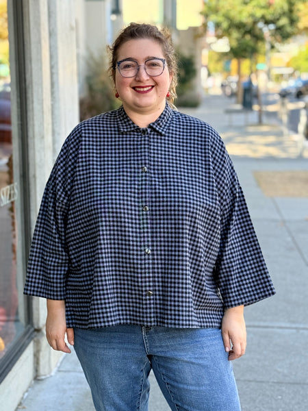 Eleven Stitch Small Check Big Shirt-Blue Iris