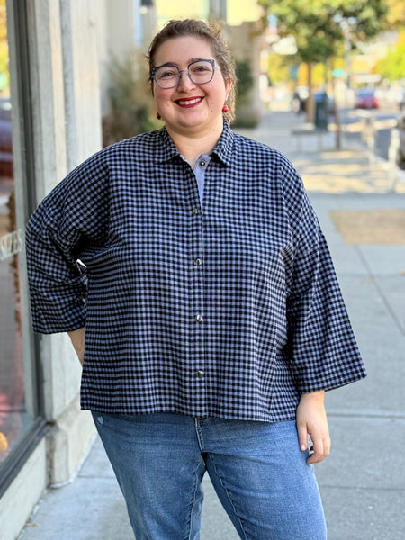 Eleven Stitch Small Check Big Shirt-Blue Iris