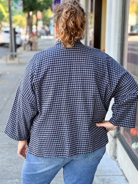 Eleven Stitch Small Check Big Shirt-Blue Iris