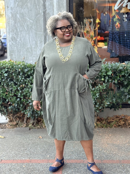 Transparente Pinwale Corduroy Pocket Dress-Olive