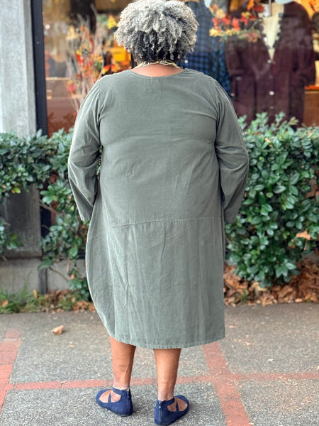 Transparente Pinwale Corduroy Pocket Dress-Olive