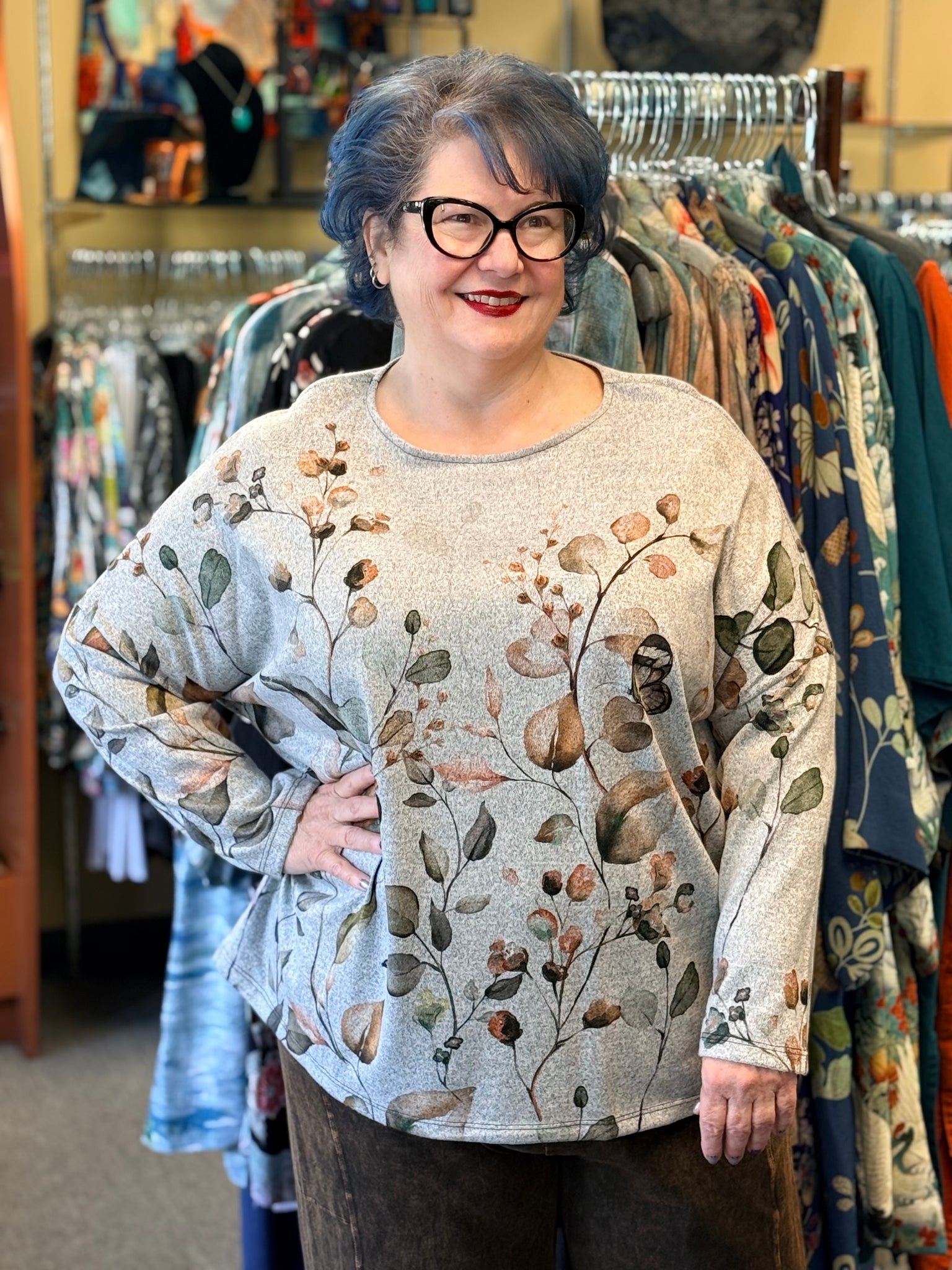 Jess and Jane French Brushed Tunic with Should Button Accent-Rosemary