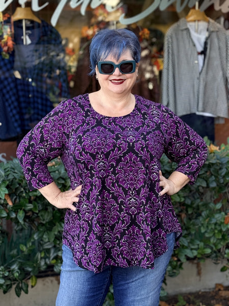 Blue Sky Bamboo  Jazz 3/4 Top -Magenta Damask