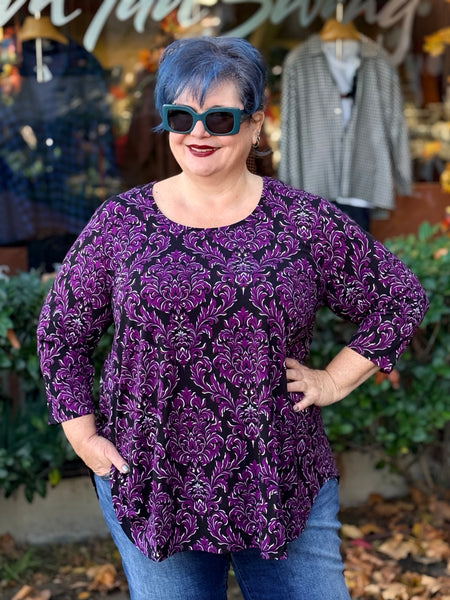 Blue Sky Bamboo  Jazz 3/4 Top -Magenta Damask