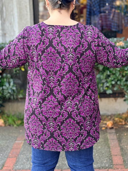 Blue Sky Bamboo  Jazz 3/4 Top -Magenta Damask