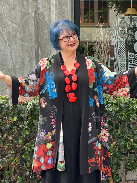 Citron Open Front Kimono-Peony Crest Border