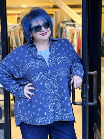 Shannon Passero Cotton Boyfriend Shirt- Blue Bandana