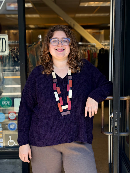 Eileen Fisher Chenille Blend V-Neck Sweater- Aubergine