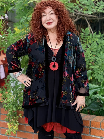 Aris A Velvet Trim Burnout Kimono- Peacock