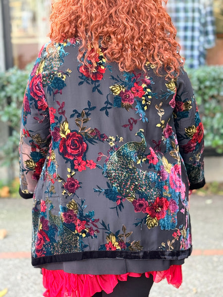 Aris A Velvet Trim Burnout Kimono- Peacock