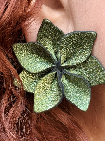 7 PM Jewels Metallic Leather Flower Clip Earring-Green
