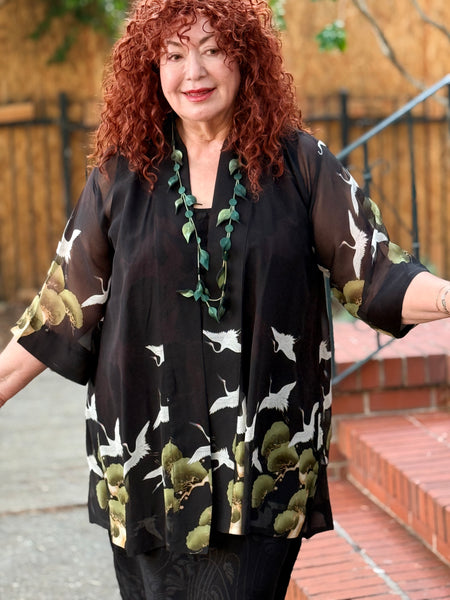 Citron Open Front Silk Georgette Kimono-Crane Over Forest