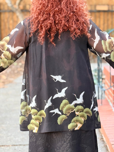 Citron Open Front Silk Georgette Kimono-Crane Over Forest