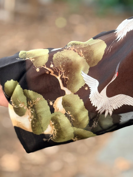 Citron Open Front Silk Georgette Kimono-Crane Over Forest