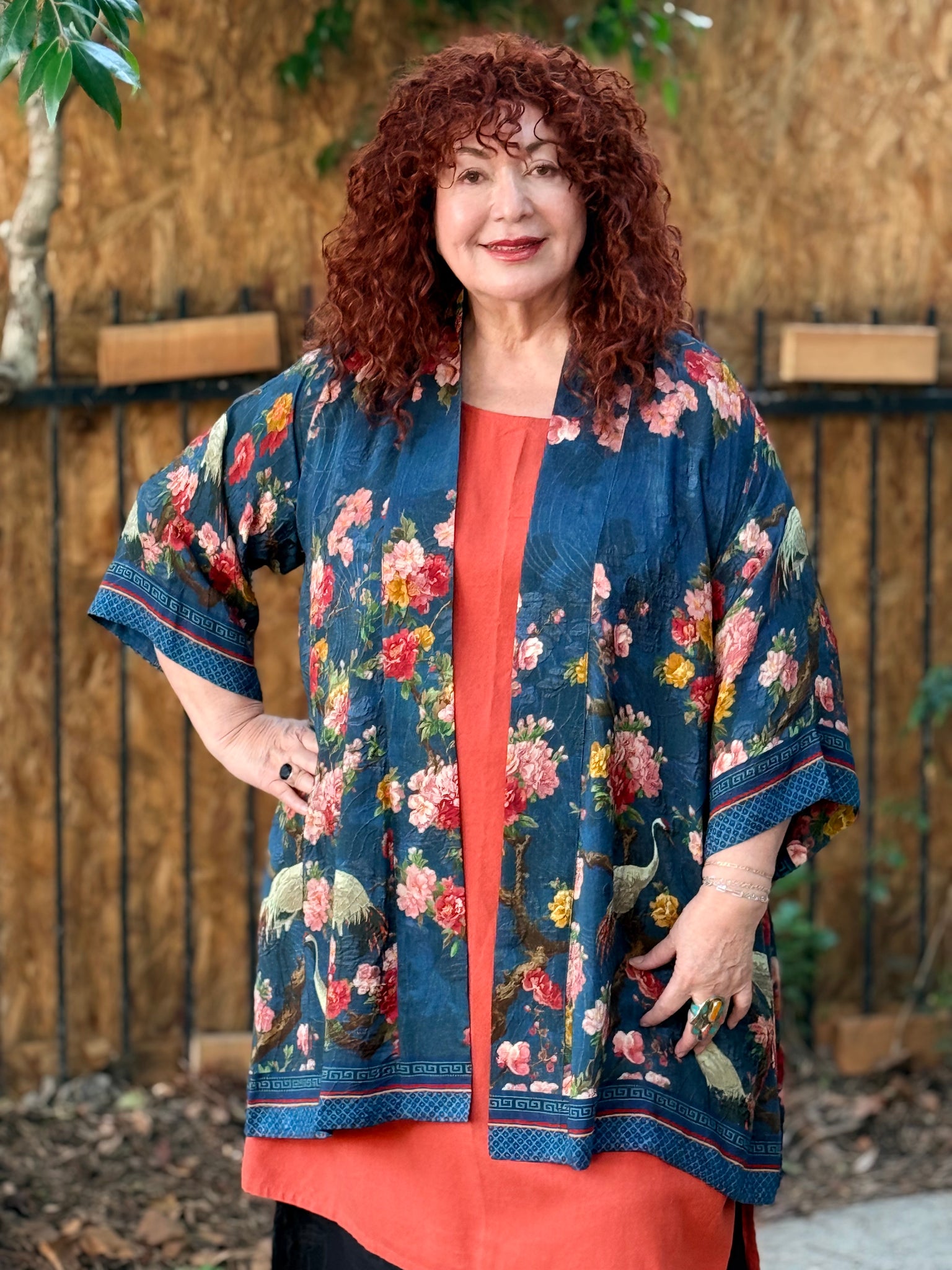 Citron Open Front Kimono- Crane and Cherry Blossom