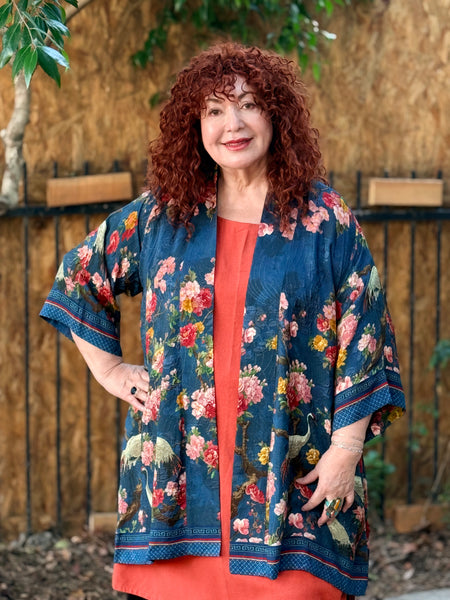 Citron Open Front Kimono- Crane and Cherry Blossom