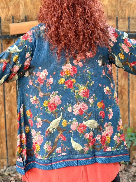 Citron Open Front Kimono- Crane and Cherry Blossom