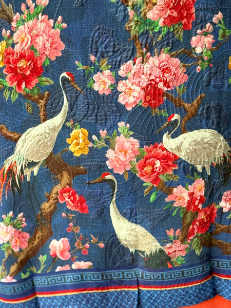 Citron Open Front Kimono- Crane and Cherry Blossom