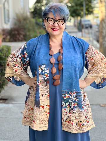 Citron Open Front Kimono-Edo Art Indigo