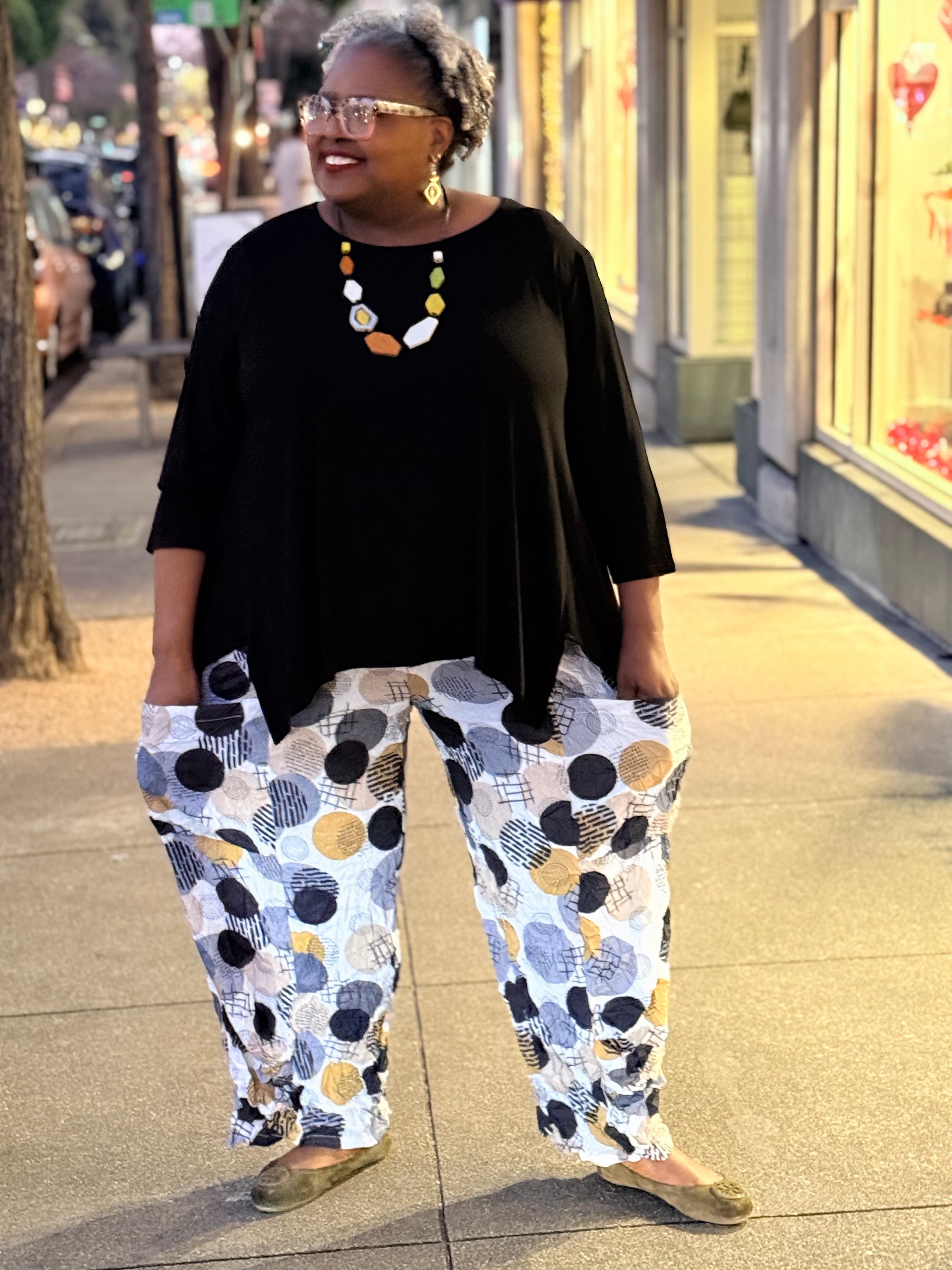 Shana Crinkle Lantern Pants-Khaki Circles – In Full Swing