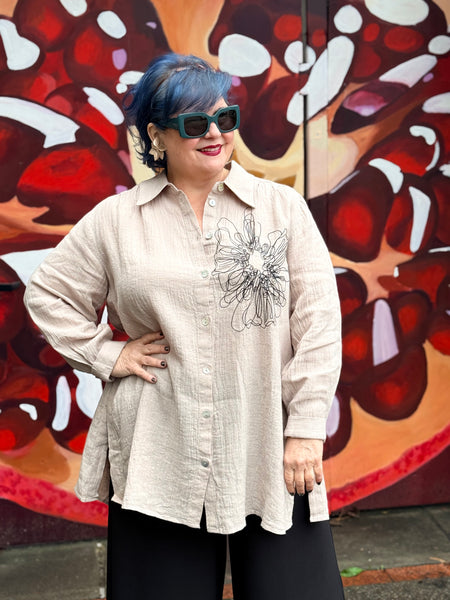 Noen Linen Shirt with Embroidery-Sand