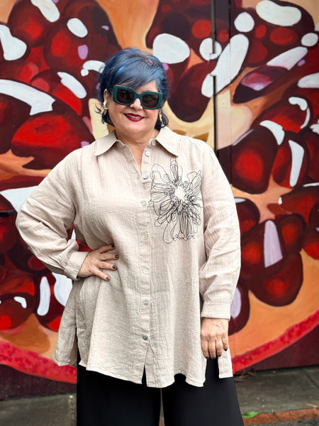 Noen Linen Shirt with Embroidery-Sand