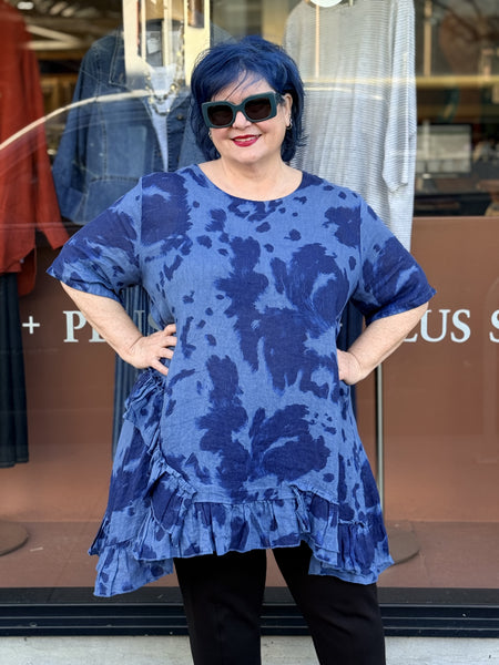 Transparente Ruffle Tie Dye Linen Tunic- Blue