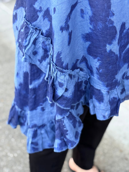 Transparente Ruffle Tie Dye Linen Tunic- Blue