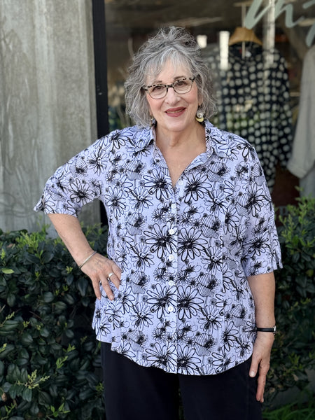 Blue Sky Bamboo Linen Lorine Blouse-Black/White Sketch
