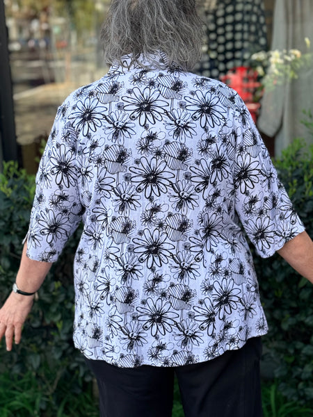 Blue Sky Bamboo Linen Lorine Blouse-Black/White Sketch