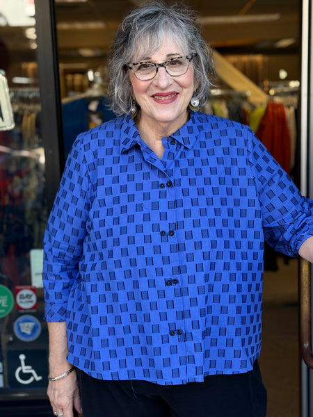 Niche Twin Button Blouse-Blue Chess Cotton