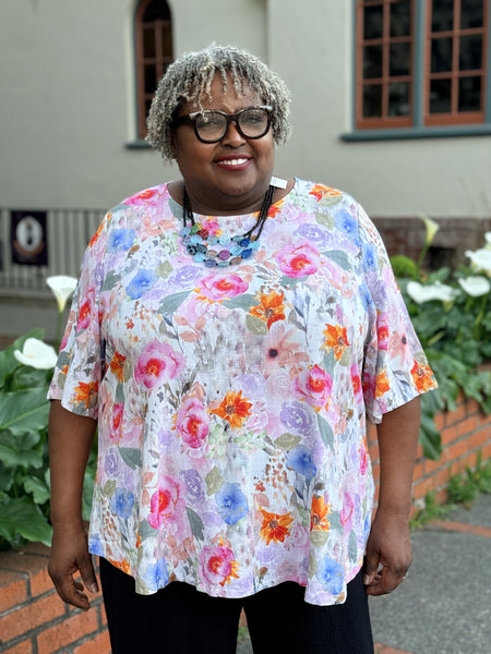 Blue Sky Linen Bamboo Liza Top-Pink Bouquet