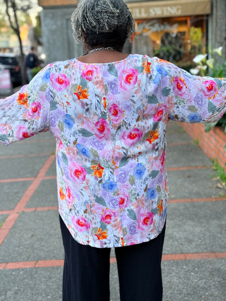 Blue Sky Linen Bamboo Liza Top-Pink Bouquet
