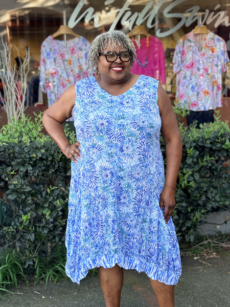 Shana Crinkle V-Neck Rouched Tank Dress-Blue Flower