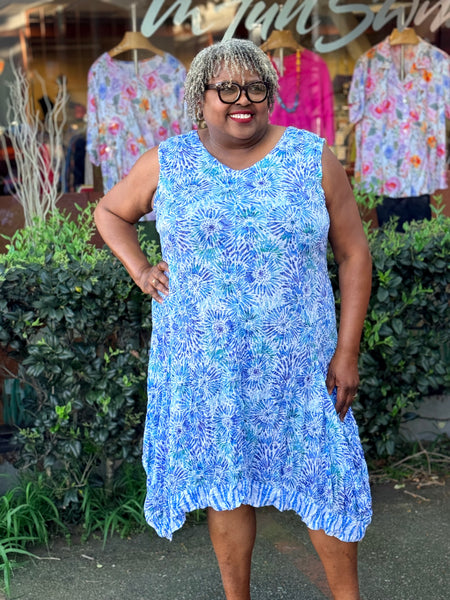 Shana Crinkle V-Neck Rouched Tank Dress-Blue Flower