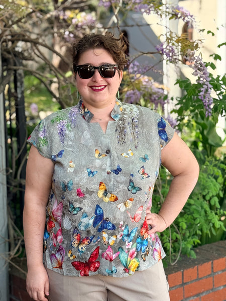 Citron Cap Sleeve Silk Blouse- Swarm of Butterflies