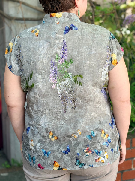 Citron Cap Sleeve Silk Blouse- Swarm of Butterflies