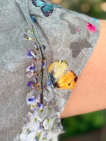 Citron Cap Sleeve Silk Blouse- Swarm of Butterflies