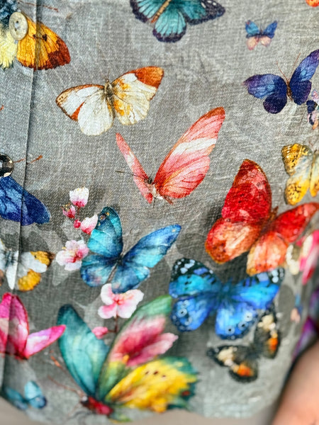 Citron Cap Sleeve Silk Blouse- Swarm of Butterflies
