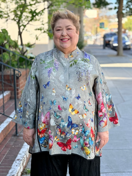 Citron Mandarin Tuck Shirt-Swarm of Butterflies