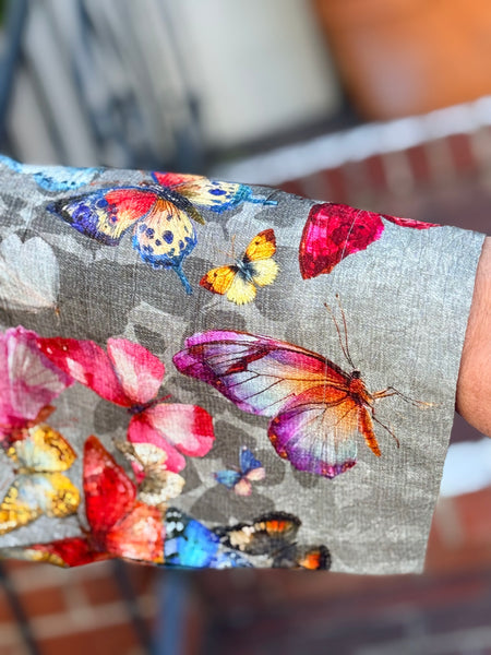 Citron Mandarin Tuck Shirt-Swarm of Butterflies