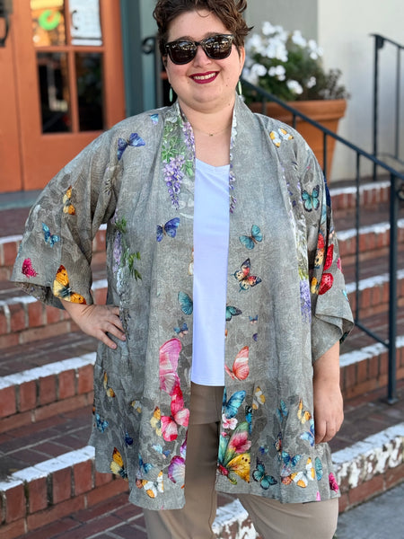 Citron Open Front Kimono-Swarm of Butterflies