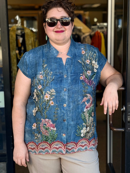 Citron Cap Sleeve Silk Blouse-Vintage Koi Embroidery