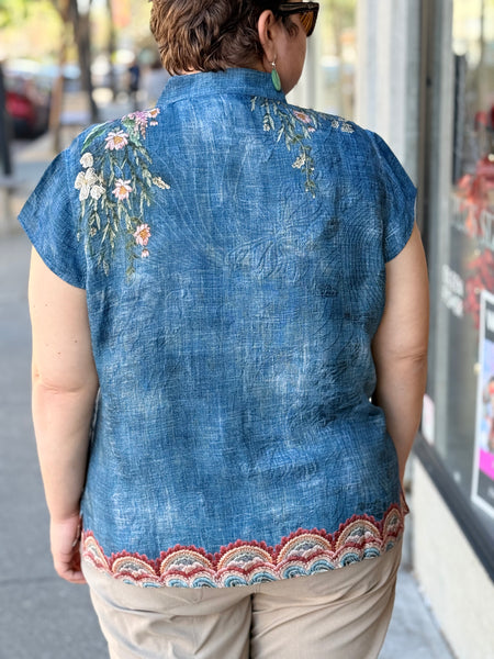 Citron Cap Sleeve Silk Blouse-Vintage Koi Embroidery